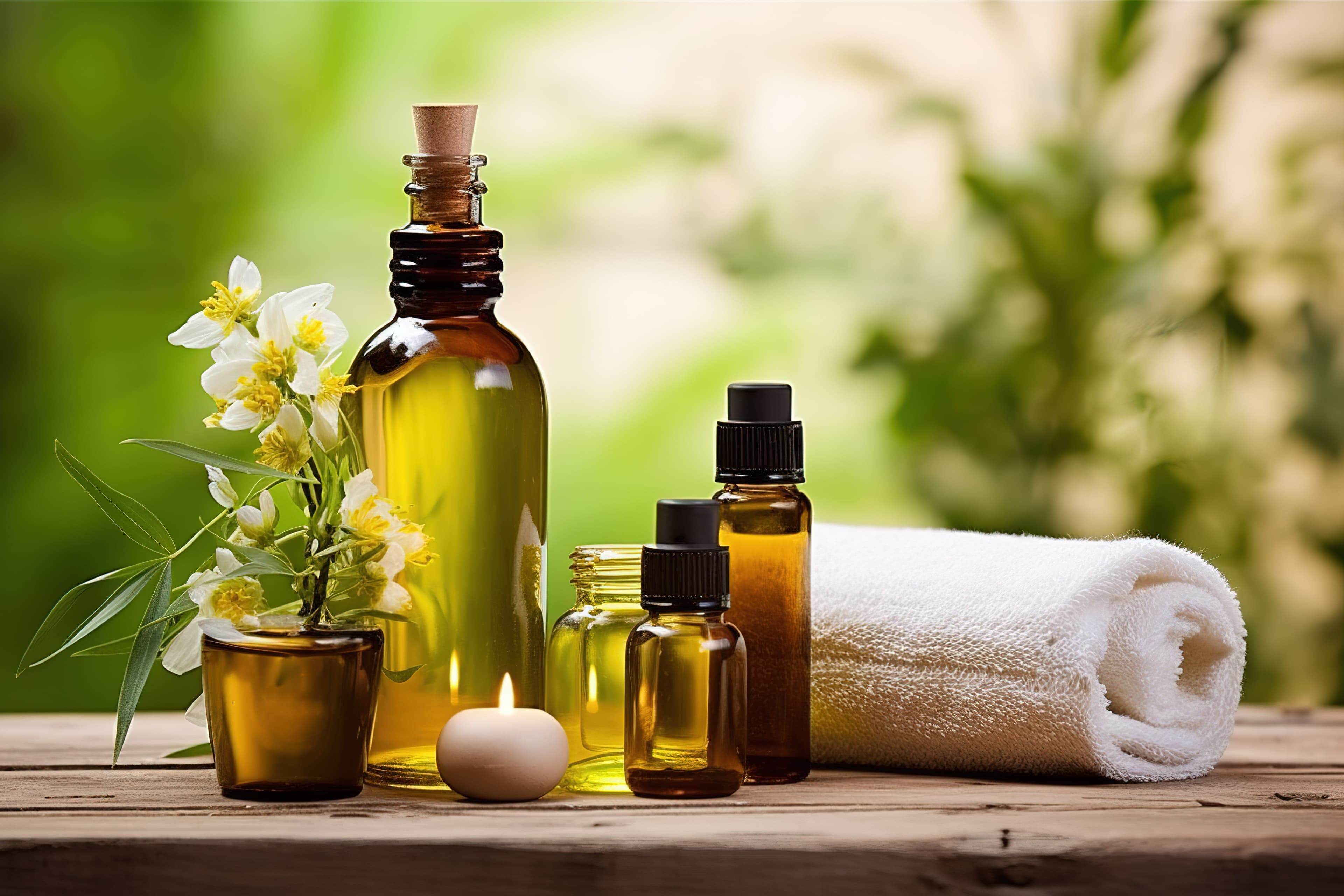 Aromatic oils and fresh towels laid out for a treatment