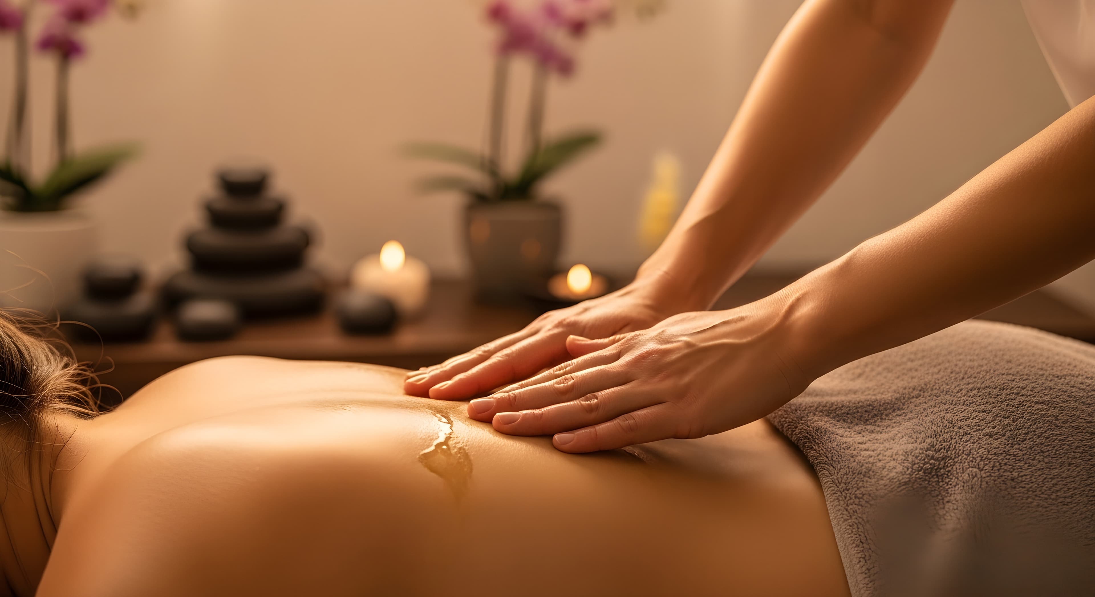 Warm candlelit massage therapy — hands working on a client's back